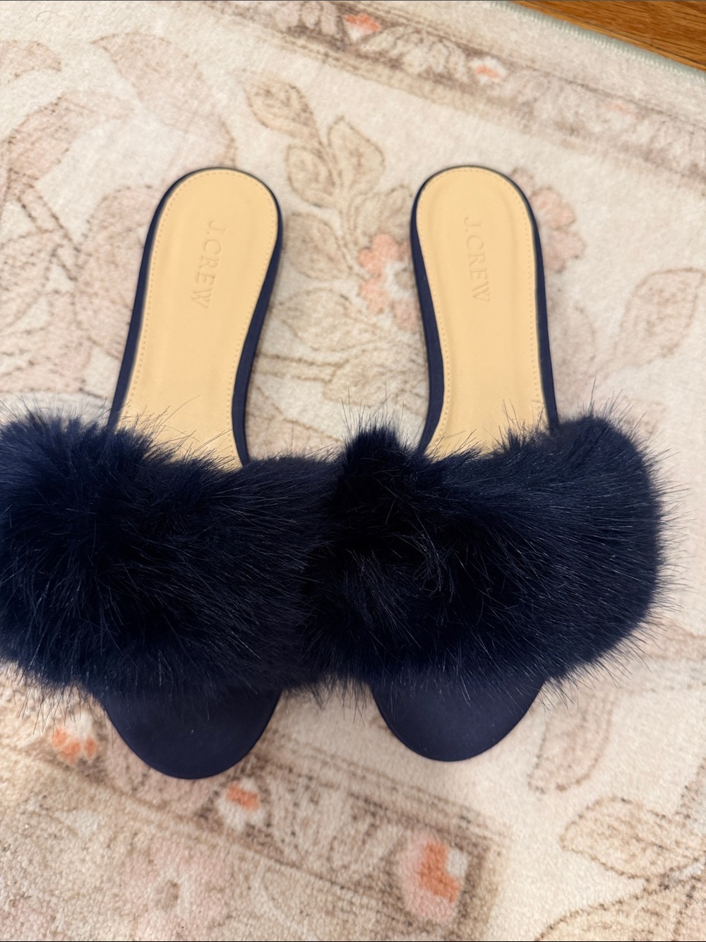 J. Crew Navy Fur Slide Mules